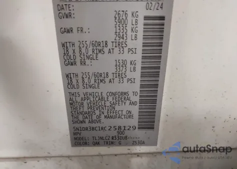 2024 Nissan Pathfinder Sv 4Wd z USA, uszkodzony, nr VIN 5N1DR3BC1RC258129